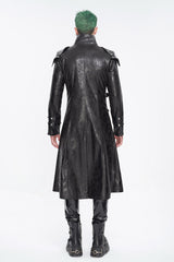 Black Stand Collar Multi Buckle Faux Long Leather Men's Punk Coat - Product - 5