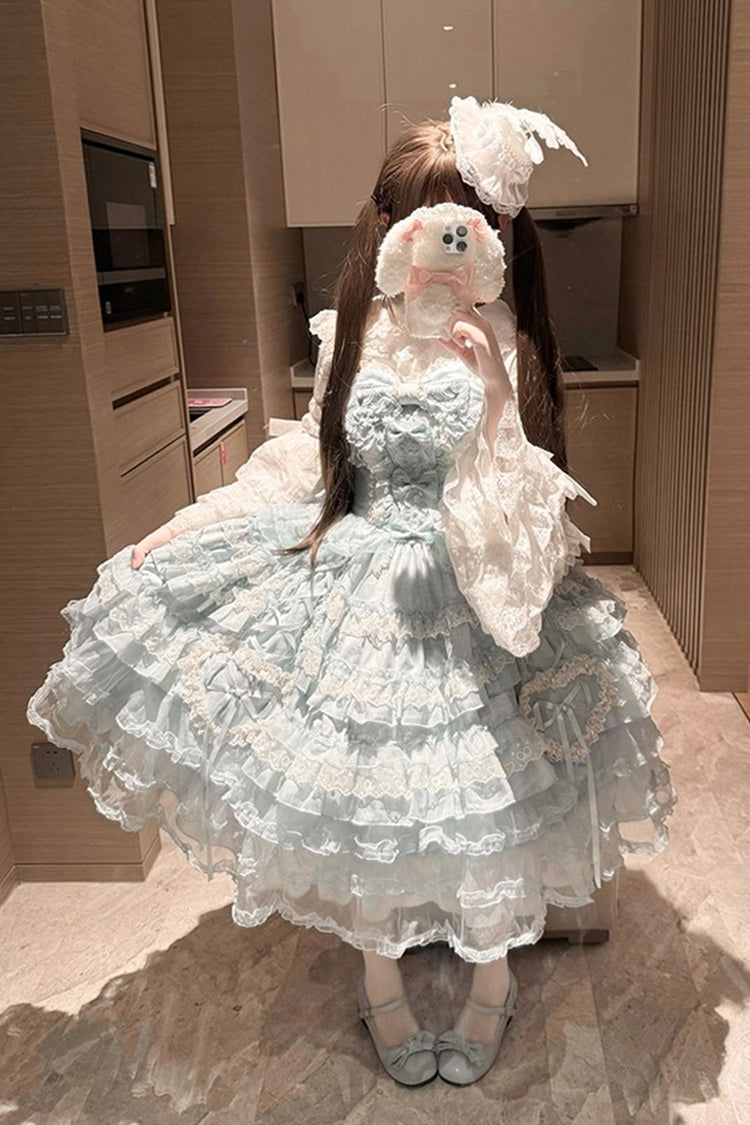 Blue [Sweetheart Diary] Multi-Layered Ruffle Hanayome Embroidery Bowknot Lace Sweet Lolita Jsk Dress - Product - 12