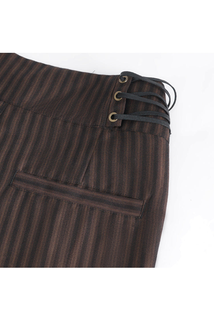 Brown High Waisted Lace-Up Striped Men's Gothic Pants - Product - 10