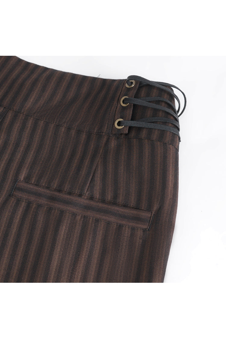 Brown High Waisted Lace-Up Striped Men's Gothic Pants - Product - 10