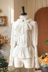 White [Misty Forest] Stand Collar Long Sleeves Ruffled Sweet Vintage Elegant Lolita Blouse - White - 1