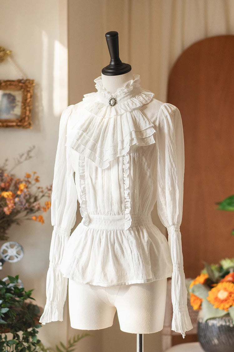 White [Misty Forest] Stand Collar Long Sleeves Ruffled Sweet Vintage Elegant Lolita Blouse - White - 1