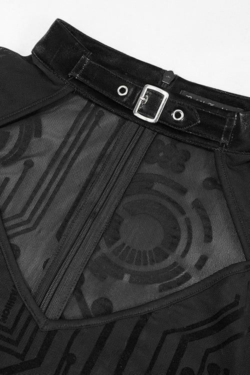 Black Circuit Diagram Flocking Printed Flared Sleeve Womens Gothic Dress - Product - 6