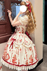 Ivory/Red [Strawberry Bear] Sleeveless Print Ruffle Embroidery Bowknot Lace Sweet Lolita Jsk Dress - Product - 6