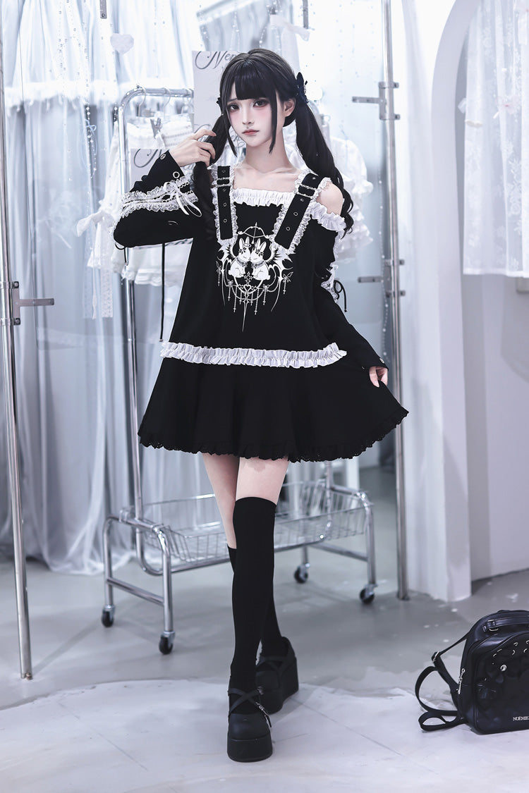 Black [Bandage Bunny] Off Shoulder Long Sleeves Ruffled Embroidered Bow Lace Punk Jirai Kei Japanese Dress - Product - 5