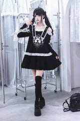 Black [Bandage Bunny] Off Shoulder Long Sleeves Ruffled Embroidered Bow Lace Punk Jirai Kei Japanese Dress - Product - 5