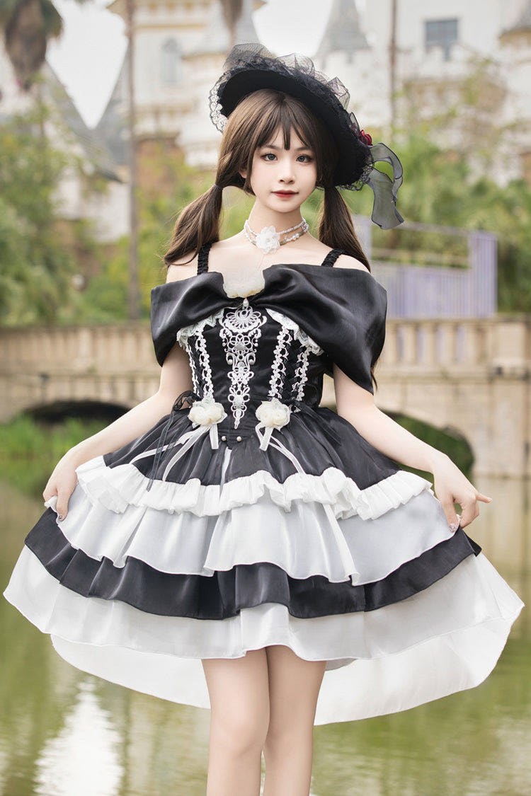Black/White [Rose Of The Night Sea And Starry Sky] Off Shoulder Multi-Layered Ruffle Embroidery Sweet Lolita Dress - Black/White - 1