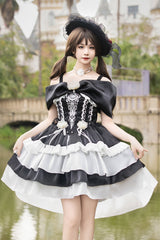 Black/White [Rose Of The Night Sea And Starry Sky] Off Shoulder Multi-Layered Ruffle Embroidery Sweet Lolita Dress - Black/White - 1