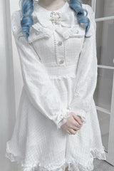White Long Sleeves Bowknot Lace Pearl Sweet Jirai Kei Dress - Product - 6
