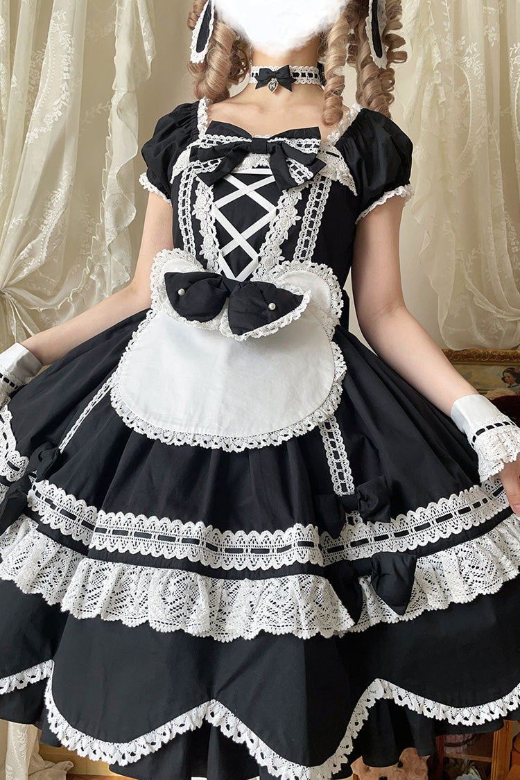Black [Petal Bunny] Cotton Square Collar Short Sleeves Double-Layered Ruffled Bow Lace Lace-Up Sweet Lolita Dress - Product - 14