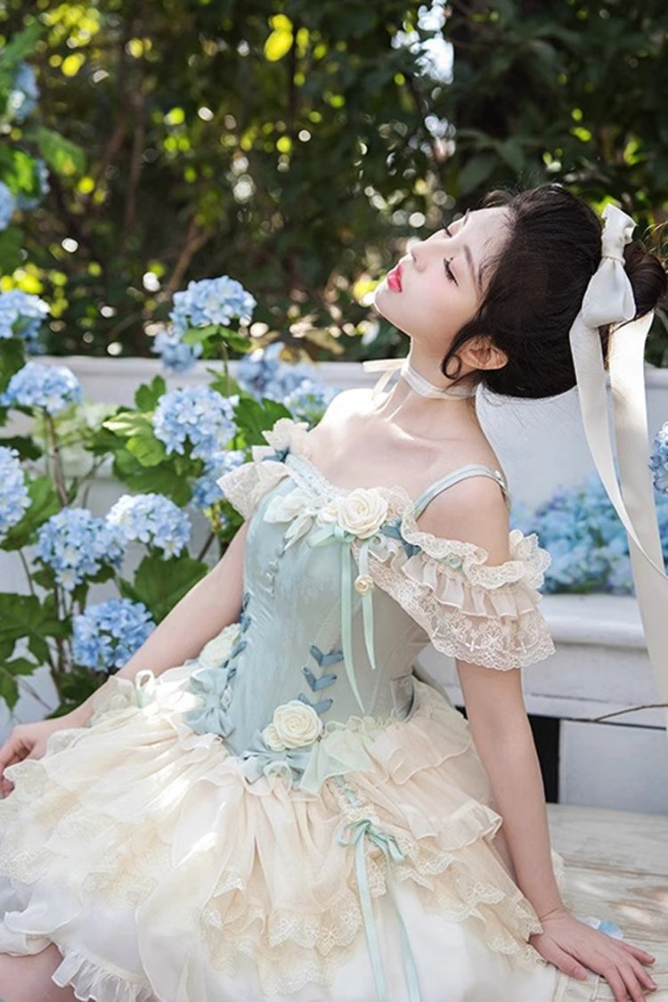 Light Green Off Shoulder Ruffle Bowknot Lace Sweet Elegant Princess Ballet Lolita Tiered Dress - Product - 6