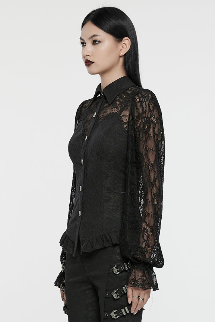 Black Lapel Collar Puff Sleeves Ruffle Stitching Lace Women's Gothic Blouse - Product - 2