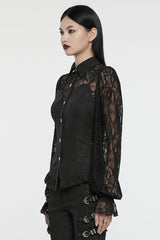 Black Lapel Collar Puff Sleeves Ruffle Stitching Lace Women's Gothic Blouse - Product - 2