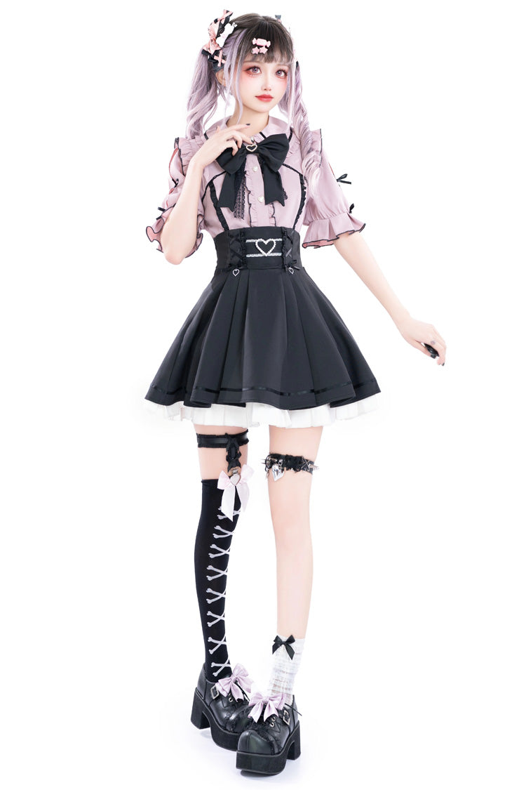 Black/Pink Short Sleeves Ruffle Slim Jirai Kei Japanese Skirt Set - Product - 3