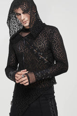 Black Punk Long Sleeve Elasticity Big Hole Mesh Drawstring Design Irregular Hooded Men's Shirt - Product - 2