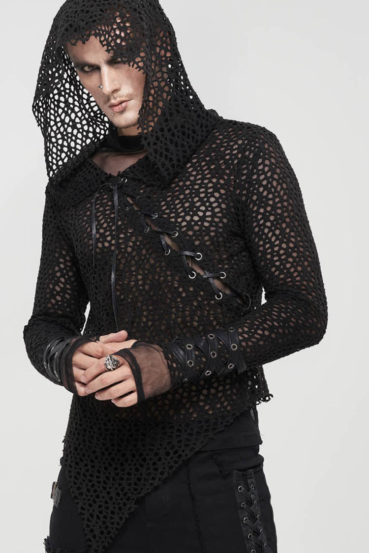 Black Punk Long Sleeve Elasticity Big Hole Mesh Drawstring Design Irregular Hooded Men's Shirt - Product - 2