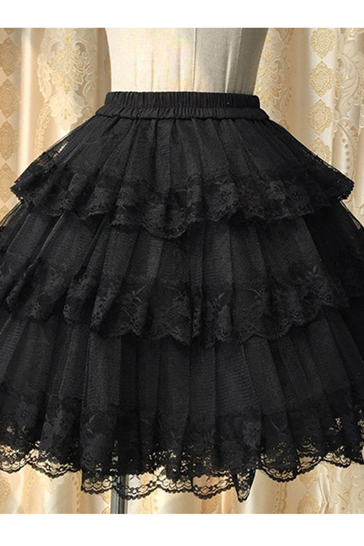 Black Cotton Organza Lining Lace Gothic Lolita Tiered Skirt - Product - 1