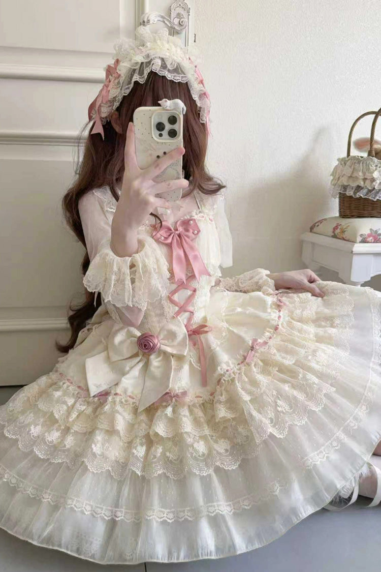 Apricot [Rose Canticle] Sleeveless Multi-Layered Bowknot Lace Lace-Up Pearl Ballet Sweet Lolita Jsk Dress - Product - 5