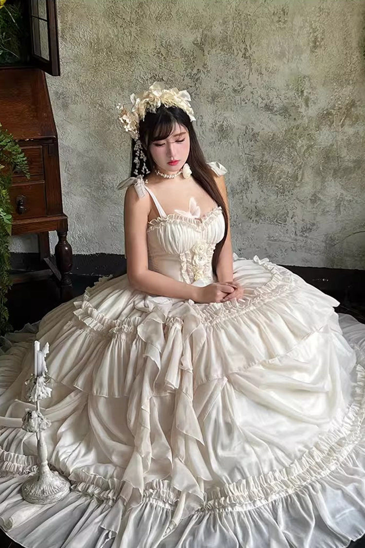Apricot/Beige [Antique Bride] Sleeveless Multi-Layered Ruffled Bow Lace Sweet Elegant Gorgeous Full Skirt Lolita Jsk Dress - Product - 10