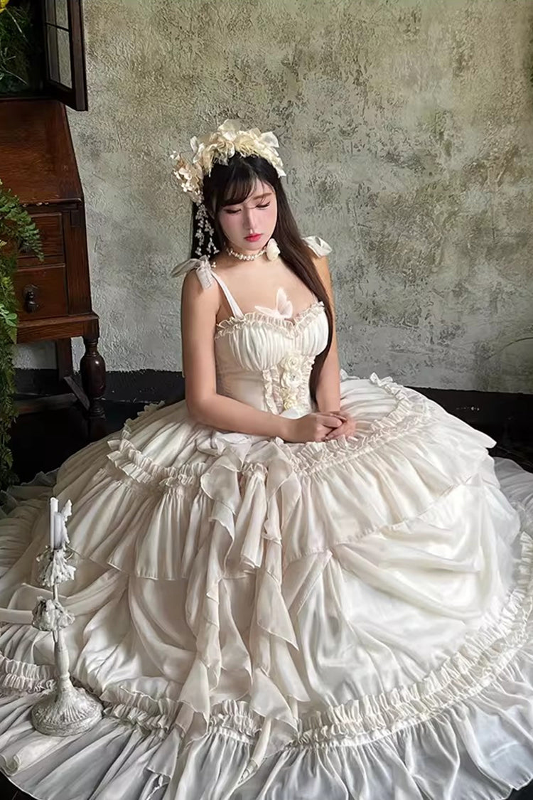 Apricot/Beige [Antique Bride] Sleeveless Multi-Layered Ruffled Bow Lace Sweet Elegant Gorgeous Full Skirt Lolita Jsk Dress - Product - 10