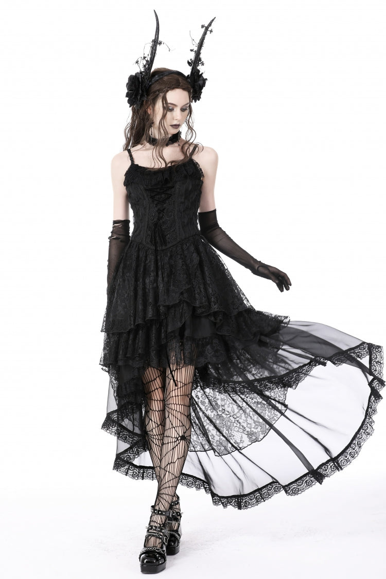 Black Sleeveless Irregular High Low Multi-Layered Lace Lace-Up Women's Gothic Slip Dress - Product - 5