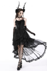 Black Sleeveless Irregular High Low Multi-Layered Lace Lace-Up Women's Gothic Slip Dress - Product - 5