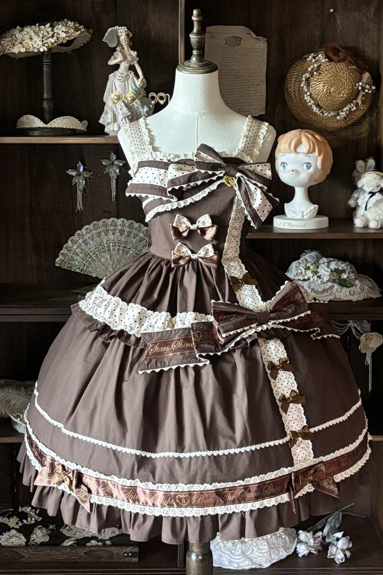 Dark Brown [Panda Gift] Square Collar Sleeveless Ruffled Bow Spliced Asymmetric Sweet Lolita Jsk Dress - Dark-Brown - 1