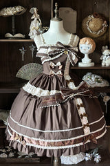 Dark Brown [Panda Gift] Square Collar Sleeveless Ruffled Bow Spliced Asymmetric Sweet Lolita Jsk Dress - Dark-Brown - 1