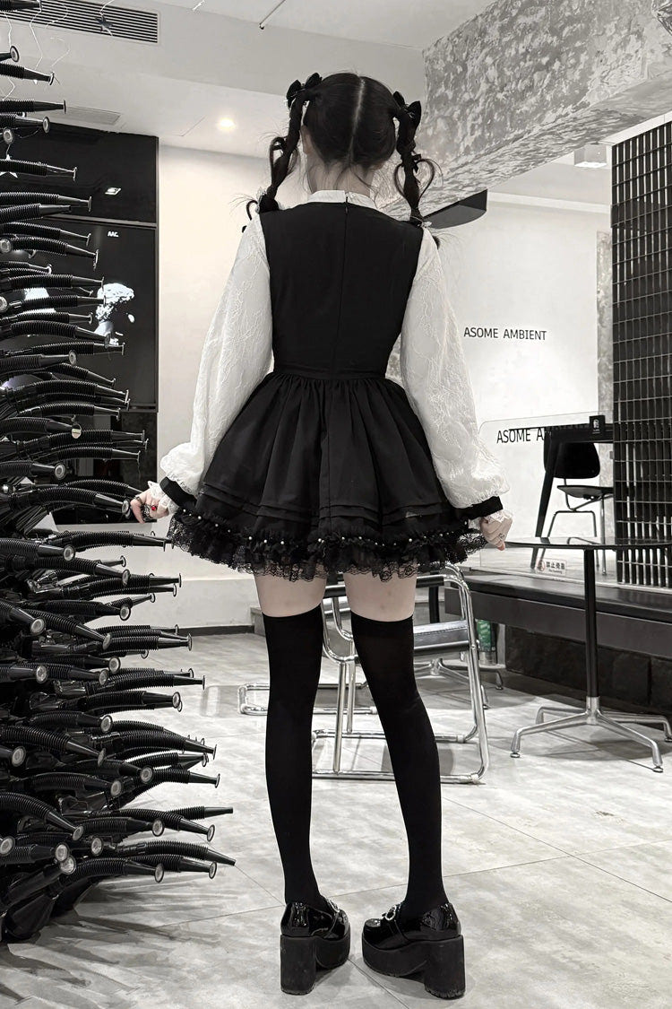 ブラック／ホワイト [Thorn Doll] 長袖 フリル リボン パール-Decorated ゴシック 地雷系 ワンピース 商品画像