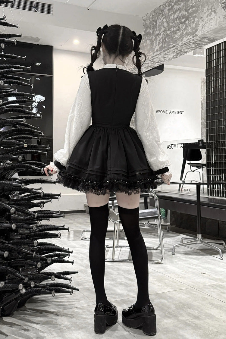Black/White [Thorn Doll] Long Sleeves Ruffled Bow Pearl-Decorated Gothic Jirai Kei Dress - Product - 8