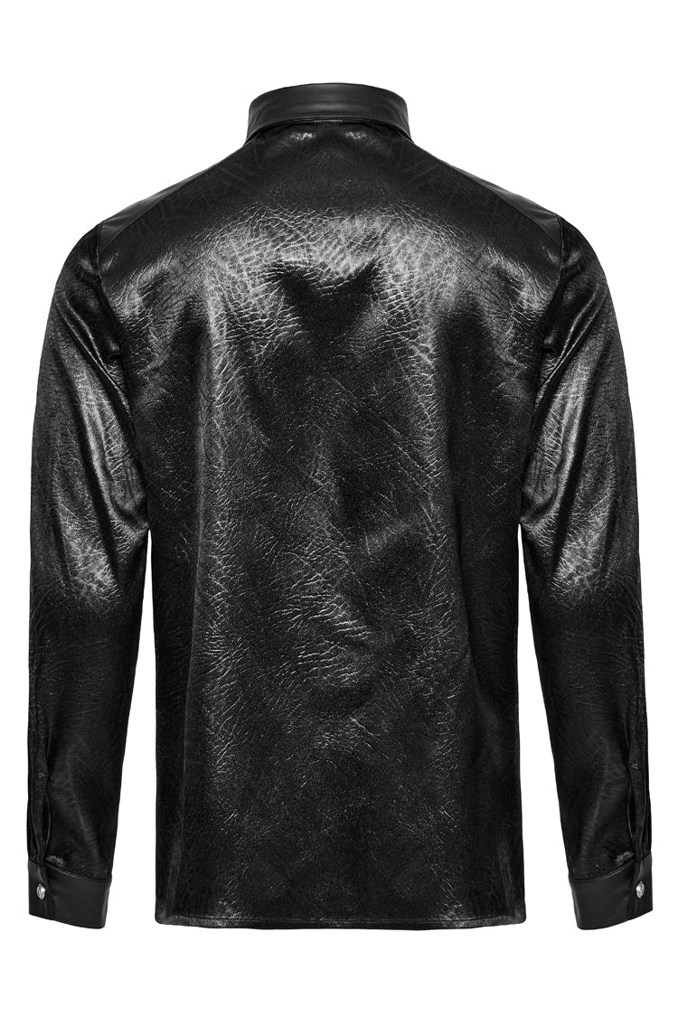 Black Lapel Collar Long Sleeves Faux Leather Men's Gothic Blouse - Product - 7