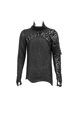 Black Fashion Printed Fabric Stitching Ripped Mesh Detachable Long Sleeve Men's Punk T-Shirt - Product - 7