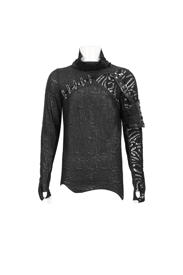Black Fashion Printed Fabric Stitching Ripped Mesh Detachable Long Sleeve Men's Punk T-Shirt - Product - 7