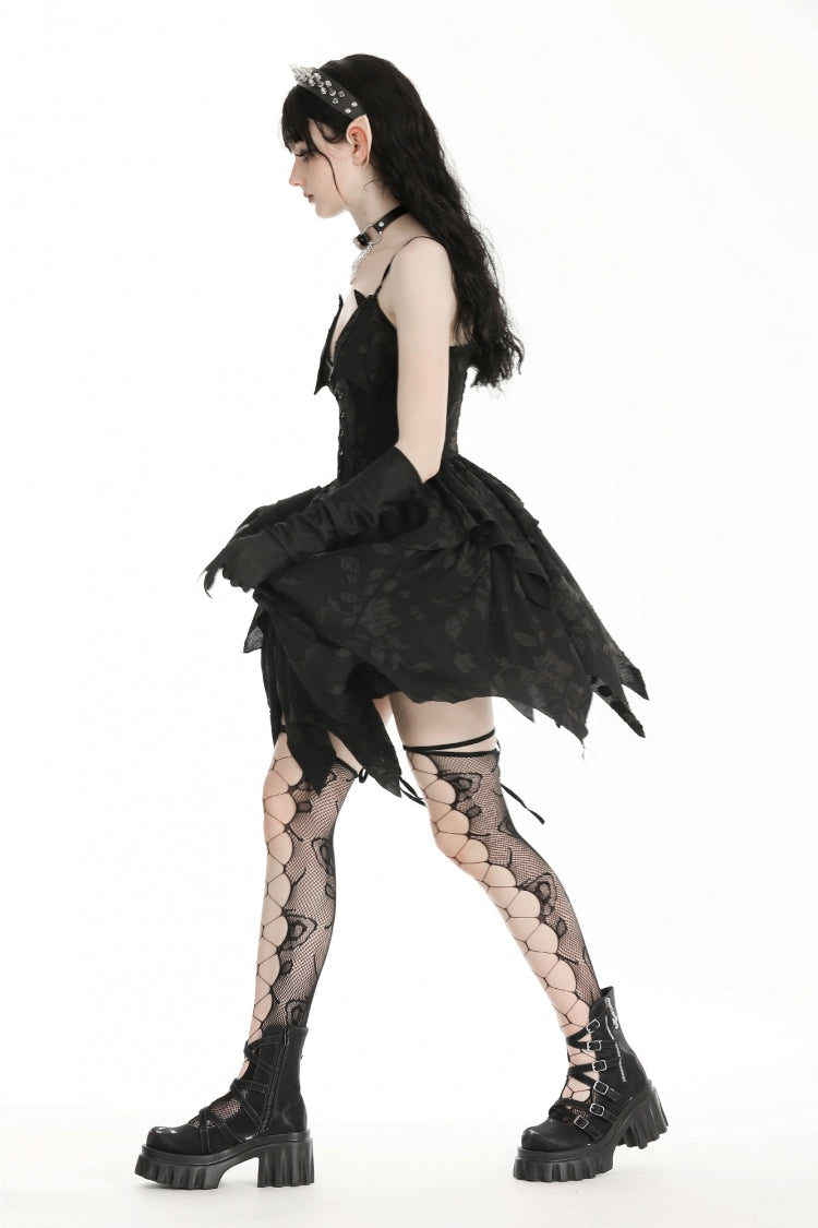 Black V Collar Sleeveless Halloween Printed Irregular Women's Gothic Slip Dress - Product - 2