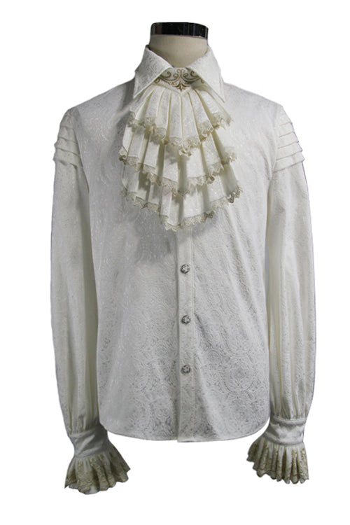 Beige Embroidered Ruffled Sleeves Jacquard Mens Gothic Blouse - Product - 4