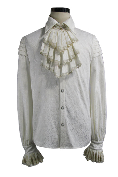 Beige Embroidered Ruffled Sleeves Jacquard Mens Gothic Blouse - Product - 4