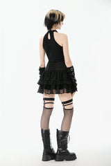 Black Off Shoulder Halterneck Sleeveless Mesh Eyelet Strap Women's Punk Top - Product - 8