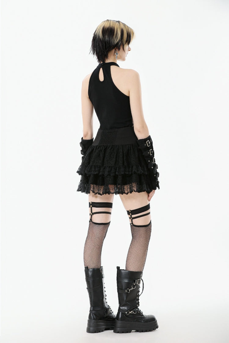 Black Off Shoulder Halterneck Sleeveless Mesh Eyelet Strap Women's Punk Top - Product - 8