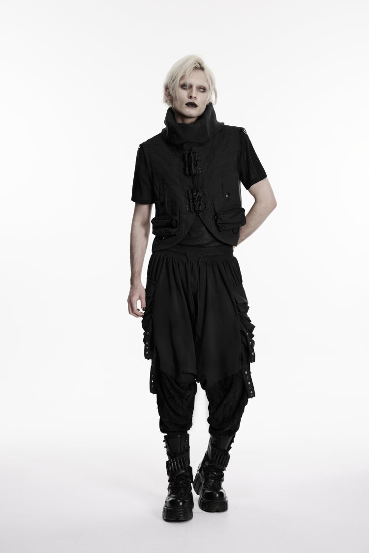 Black Studded Pleated Eyelet Men's Punk Handsome Cool Pants - Black - 1