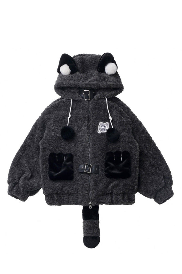 Black/Grey [Little Hibernating Bear] Long Sleeves Hooded Zippered Sweet Lolita Coat and Skirt Set - Product - 4