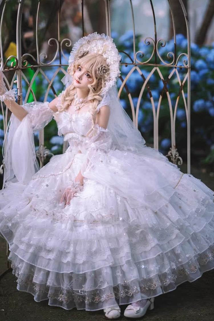 White [Dreamy Waltz] Sleeveless Multi-Layered Ruffled Hanayome Bow Lace Gothic Gorgeous Lolita Jsk Dress - Product - 4