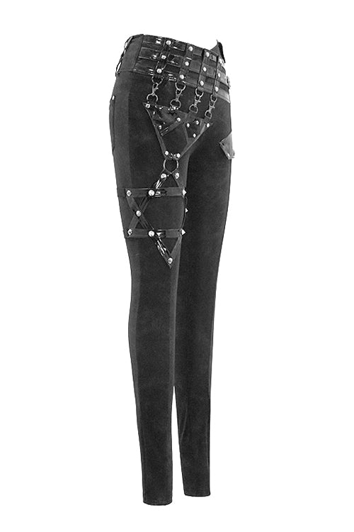 Black Punk Leather Loops Asymmetric Knitted Stretch Womens Pants - Product - 3