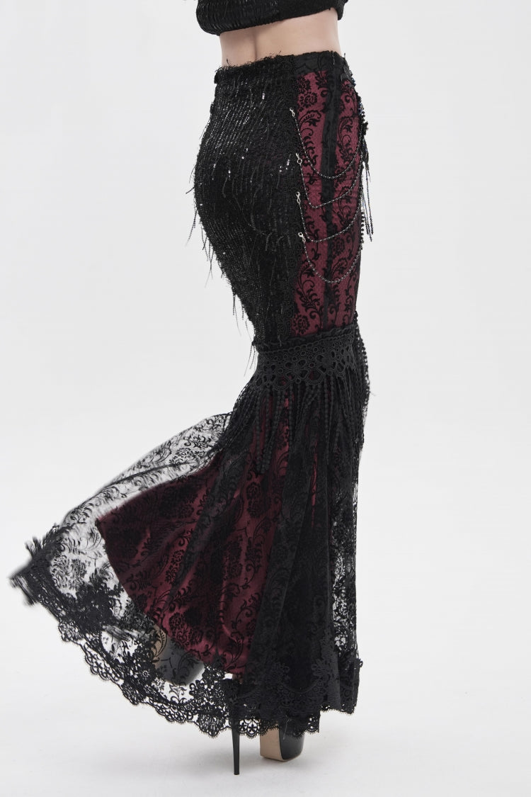 Black/Red Double-Layered Embroidered Lace Slim Pearl-Decorated Women's Gothic Skirt - Product - 8