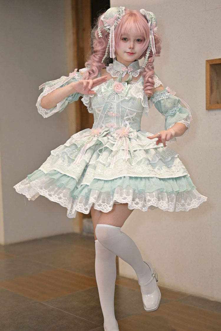 Green [Rain of Peaches] Sleeveless Multi-Layered Bowknot Lace Sweet Chinese Style Lolita Jsk Dress - Product - 3