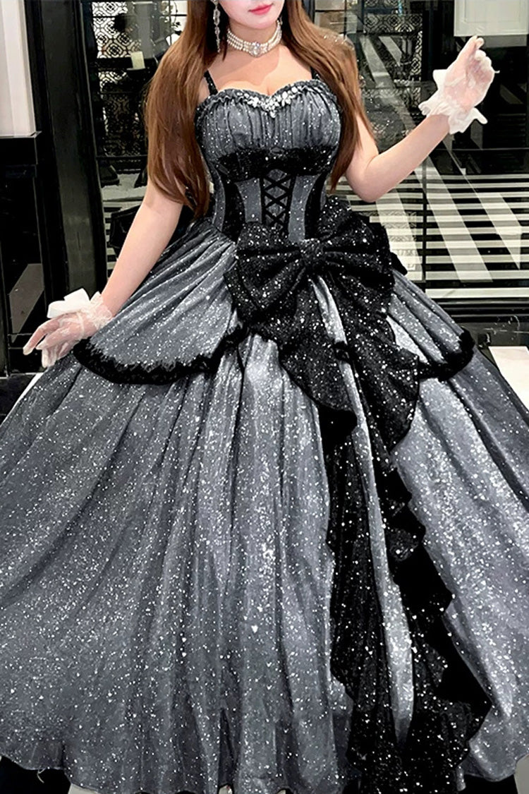 Grey [Galaxy of Fallen Tears] Sleeveless Glitter Series Ruffled Bow Asymmetric Sweet Lolita Jsk Dress - Product - 12