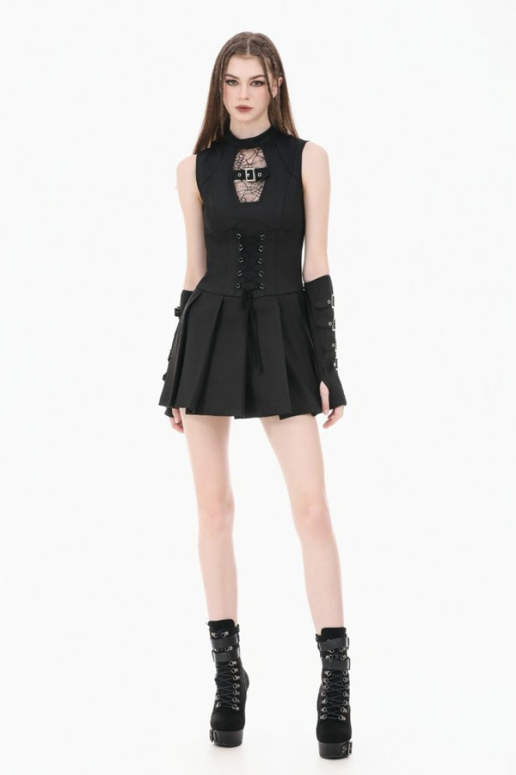 Black Sleeveless Cut-Out Cobweb Sheer Mesh Lace-Up Women's Punk Mini Dress - Product - 11