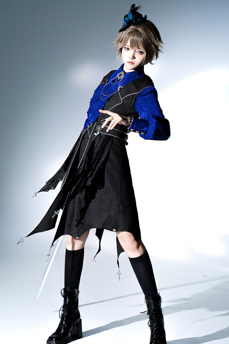 Black/Blue Courtly Knight-Style Long Sleeves Ruffle Embroidery Prince Ouji Lolita Set - Product - 10