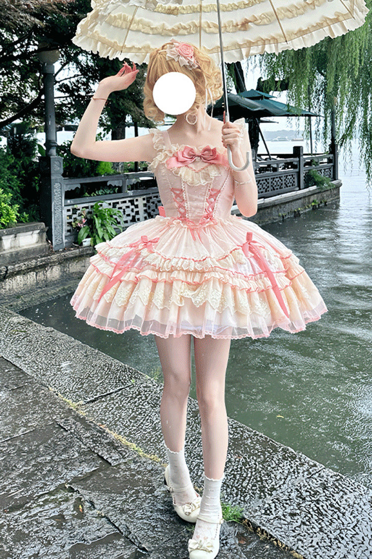 Pink [Candy House] Sleeveless Ruffle Bowknot Lace Lace-Up Sweet Lolita Jsk Dress - Product - 8