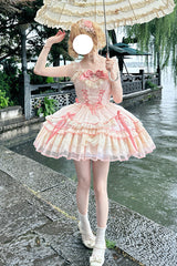 Pink [Candy House] Sleeveless Ruffle Bowknot Lace Lace-Up Sweet Lolita Jsk Dress - Product - 8
