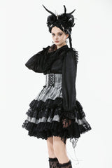 Black/Grey High Waisted Lace-Up Lace Ruffled Layered Hem Women's Lolita Gothic Skirt - Product - 2